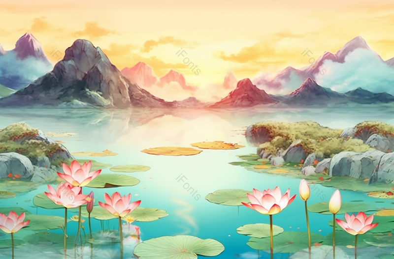 夕阳下山水荷花植物,插画/手绘图,插画/手绘图库,插画/手绘图下载,插画/手绘